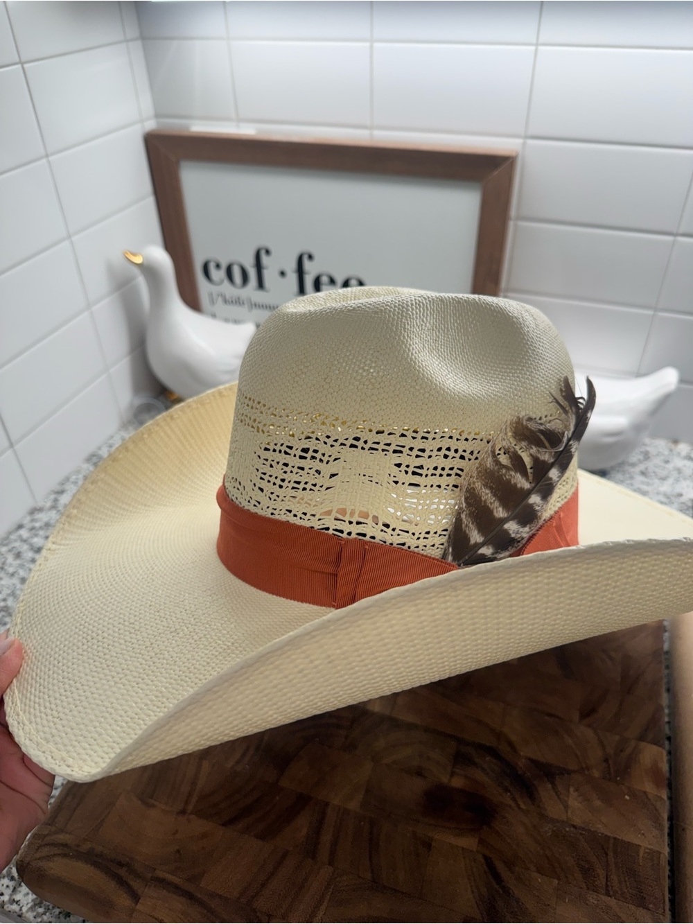Men's Straw Western Hat with Orange Band and Feather